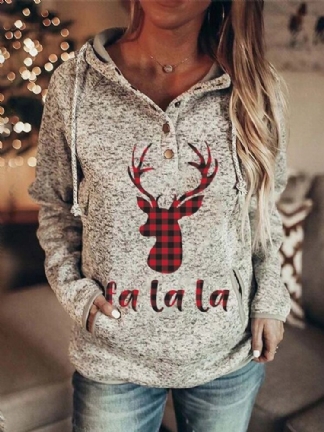 Kobiety Christmas Elk Letter Print Raglan Sleeve Kangurki Z Kieszeniami Na Guziki Z Kołnierzykiem Bluzy