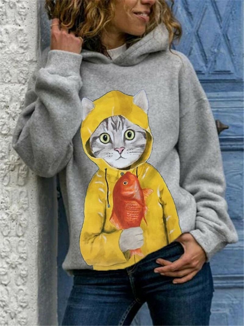 Kobiety Cute Cartoon Cat Graphic Print Z Długim Rękawem Casual Pulower Z Kapturem