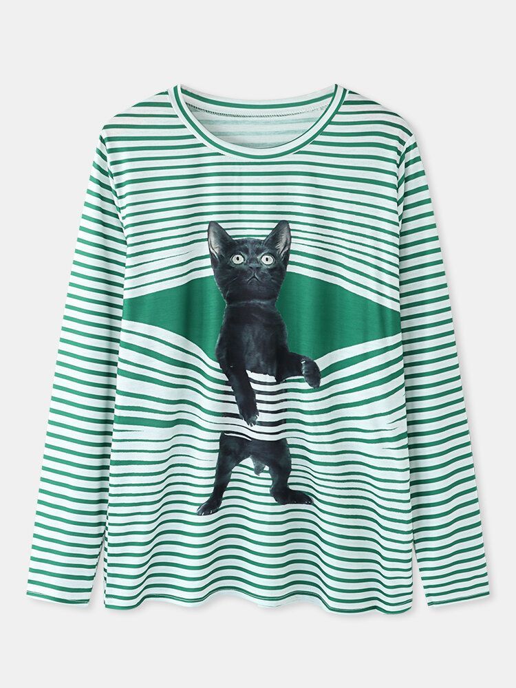 Kobiety Cute Cartoon Cat Stripe Print Wokół Szyi Casual Bluzy Z Długim Rękawem