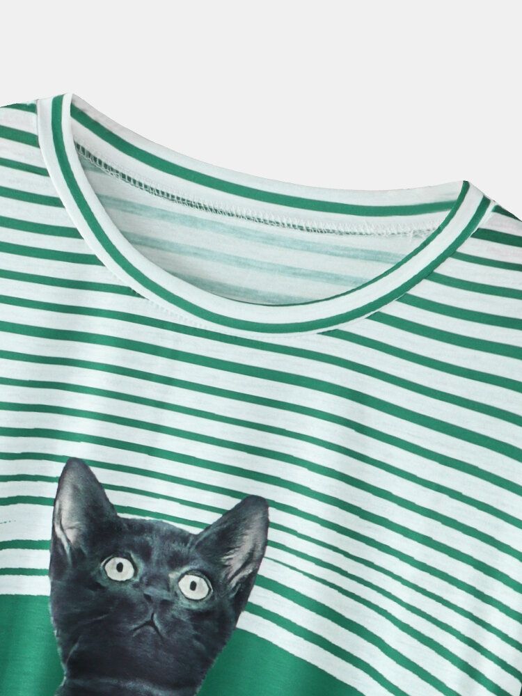 Kobiety Cute Cartoon Cat Stripe Print Wokół Szyi Casual Bluzy Z Długim Rękawem