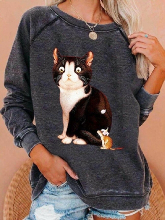 Kobiety Cute Cat Graphics Okrągły Dekolt Casual Raglanowe Bluzy Z Rękawami