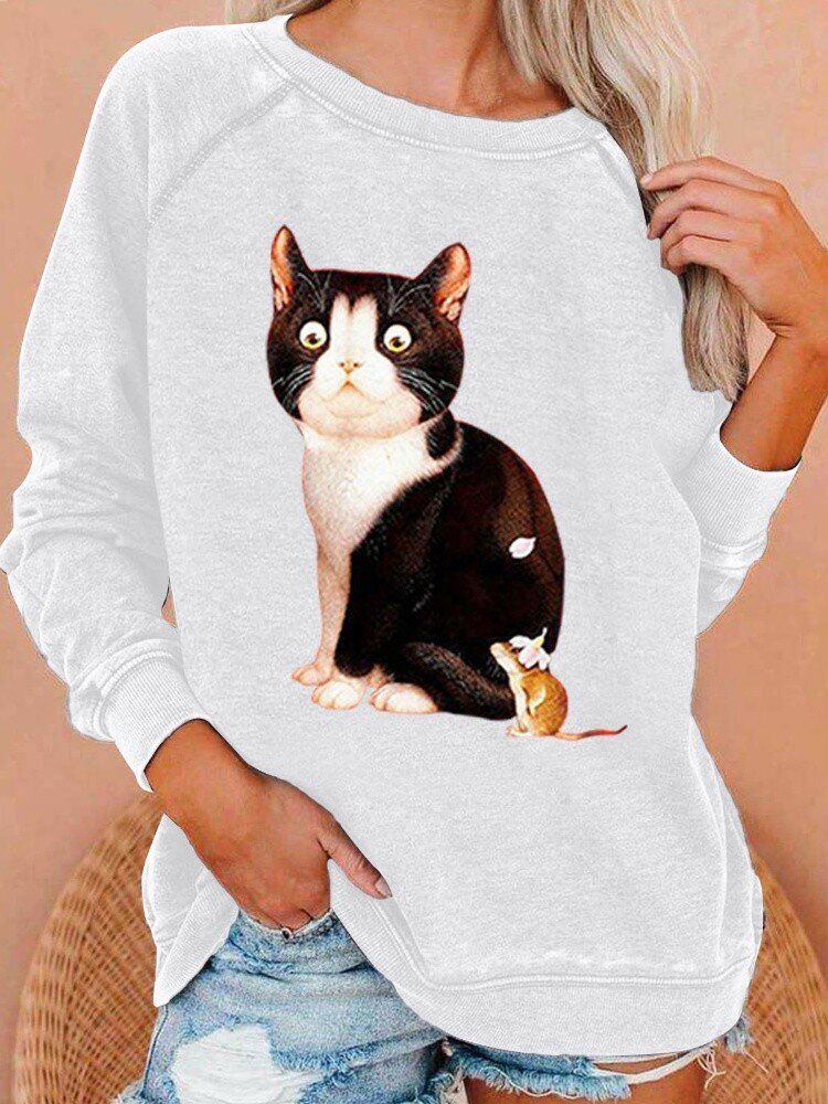 Kobiety Cute Cat Graphics Okrągły Dekolt Casual Raglanowe Bluzy Z Rękawami