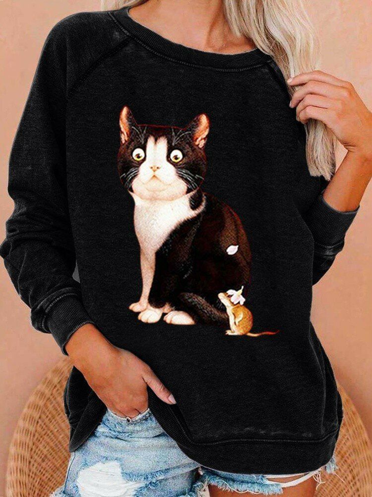 Kobiety Cute Cat Graphics Okrągły Dekolt Casual Raglanowe Bluzy Z Rękawami