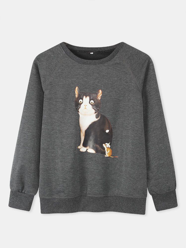 Kobiety Cute Cat Graphics Okrągły Dekolt Casual Raglanowe Bluzy Z Rękawami