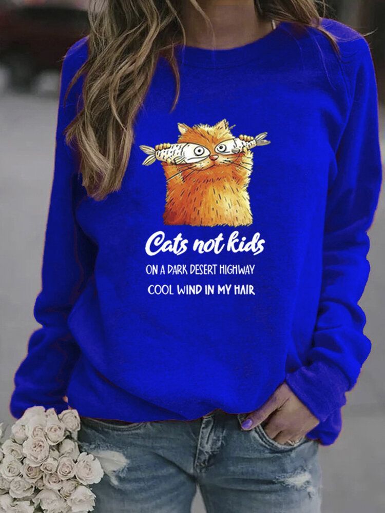 Kobiety Funny Cartoon Cat Wydrukowano Sweter Z Długim Rękawem Casual Bluzy