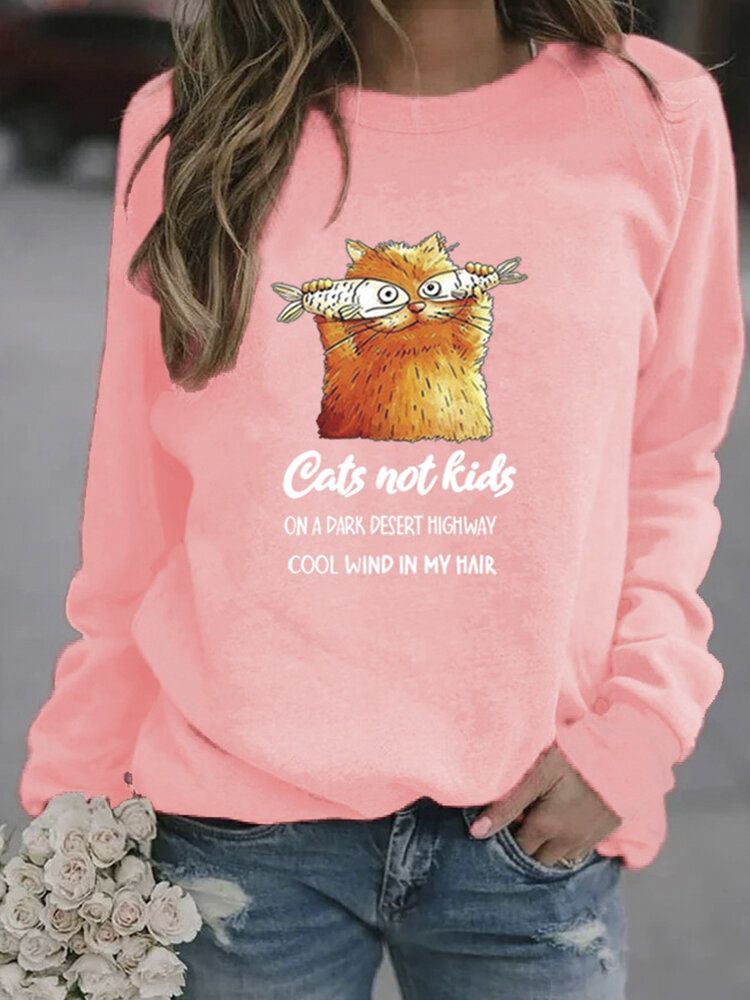 Kobiety Funny Cartoon Cat Wydrukowano Sweter Z Długim Rękawem Casual Bluzy