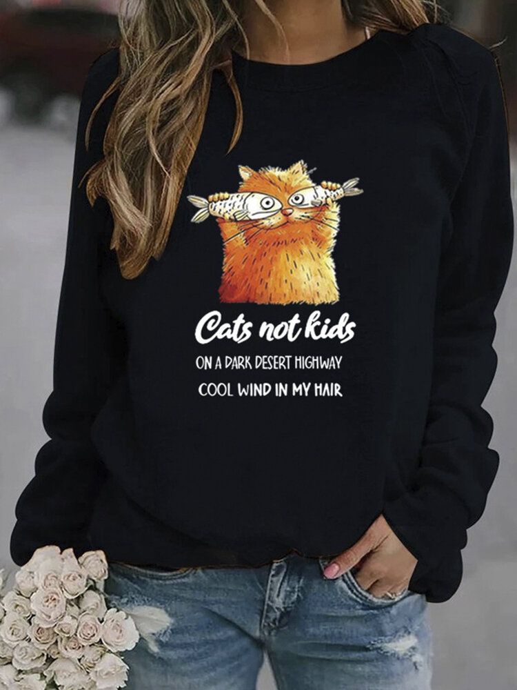 Kobiety Funny Cartoon Cat Wydrukowano Sweter Z Długim Rękawem Casual Bluzy