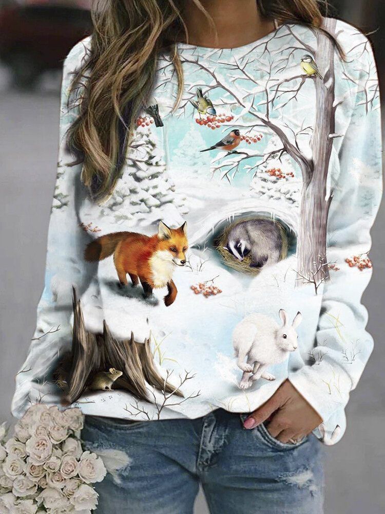 Kobiety Multi 3d Animal Landscape Print Pullover Z Długim Rękawem Design Bluzy