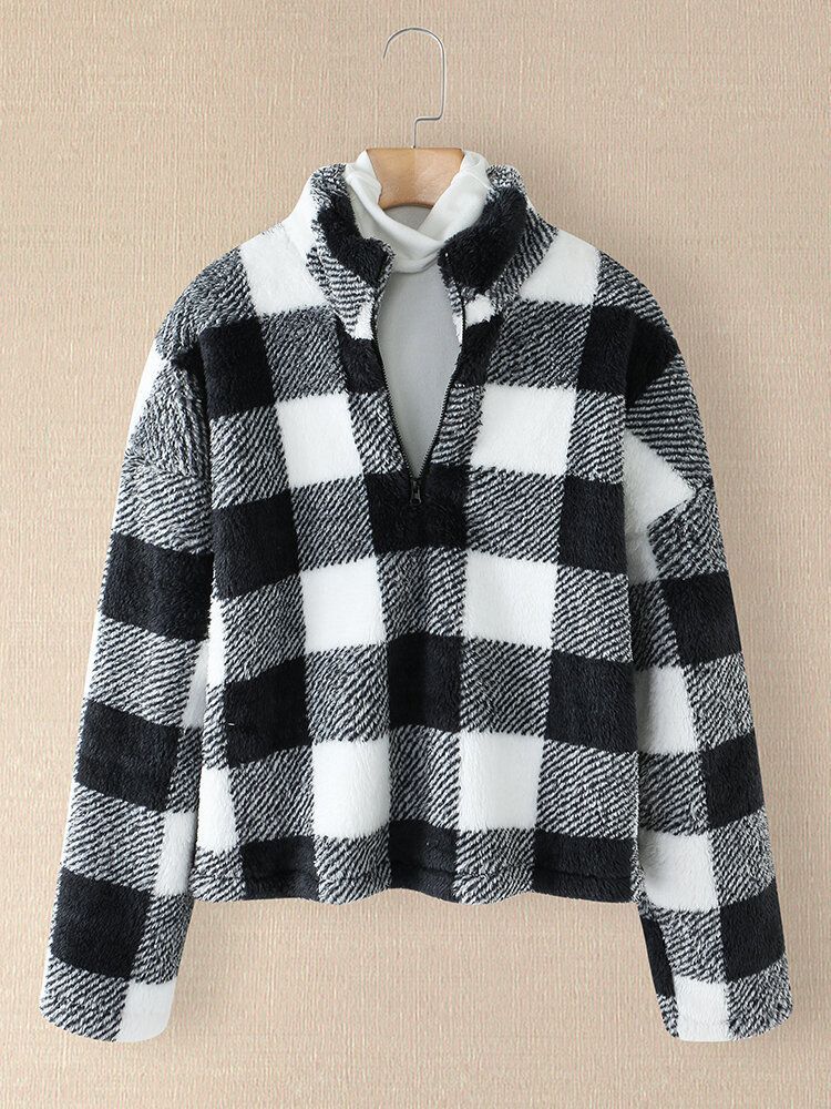 Kobiety Plaid Print Half Zip Sweter Z Przodu Bluzy Ciepłe Płaszcze