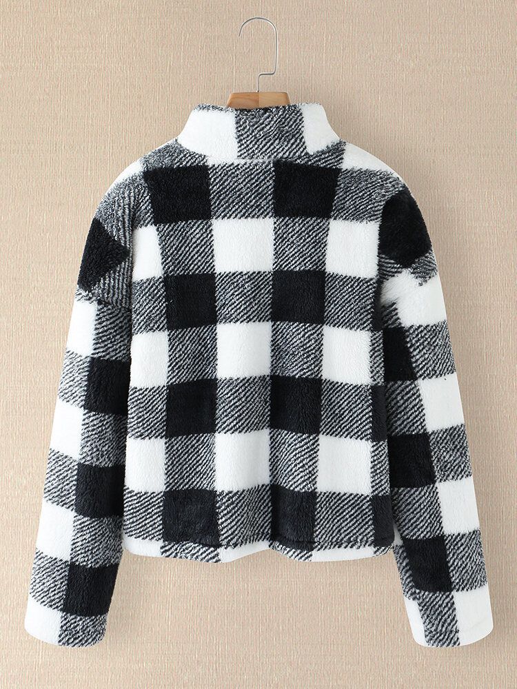 Kobiety Plaid Print Half Zip Sweter Z Przodu Bluzy Ciepłe Płaszcze