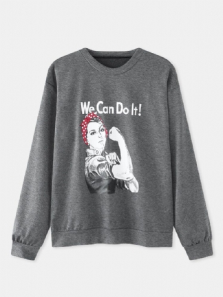 Kobiety Slogan Rysunek Wydrukować Crew Neck Casual Bluzy Z Odkrytymi Ramionami