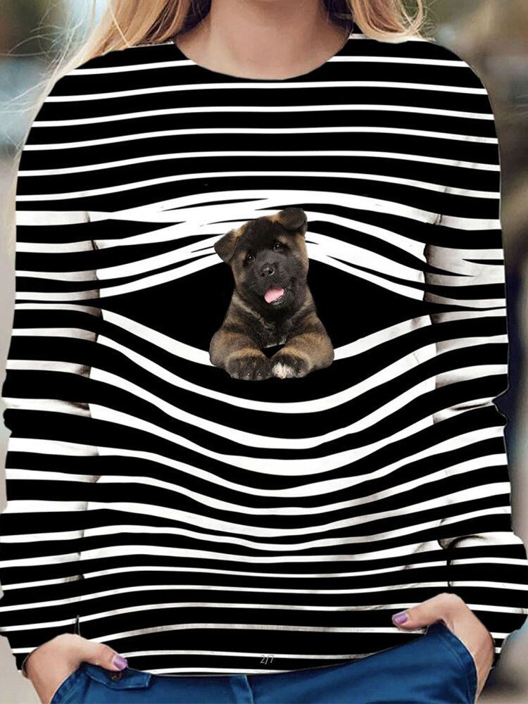 Kobiety Stripe 3d Dog Print Pullover O-neck Z Długim Rękawem Casual Bluzy