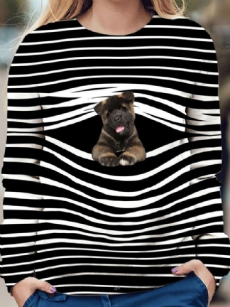 Kobiety Stripe 3d Dog Print Pullover O-neck Z Długim Rękawem Casual Bluzy