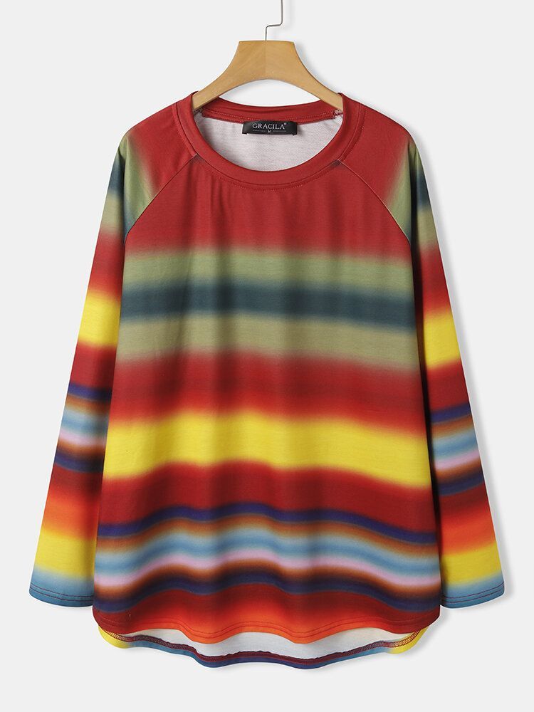 Kobiety Wielokolorowe Ombre Paski O-neck Raglan Rękaw Casual Bluzy