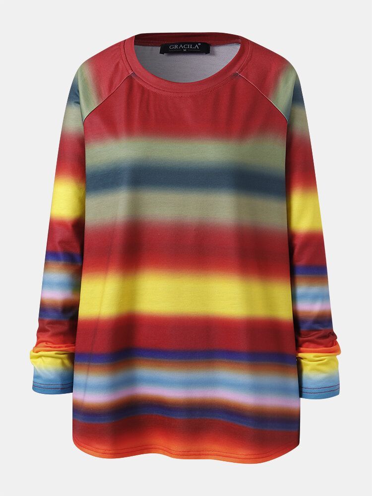 Kobiety Wielokolorowe Ombre Paski O-neck Raglan Rękaw Casual Bluzy