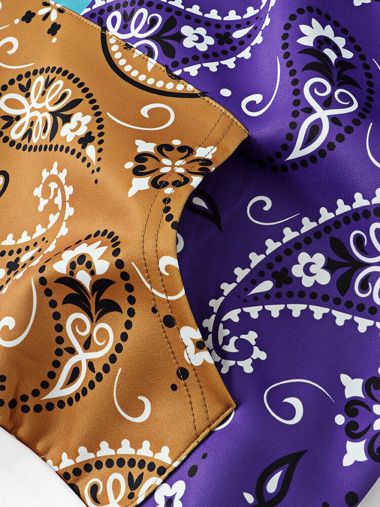 Mężczyźni Paisley Patchwork Kontrastowy Kolor Kieszonkowy Kangur Bluza Z Kapturem