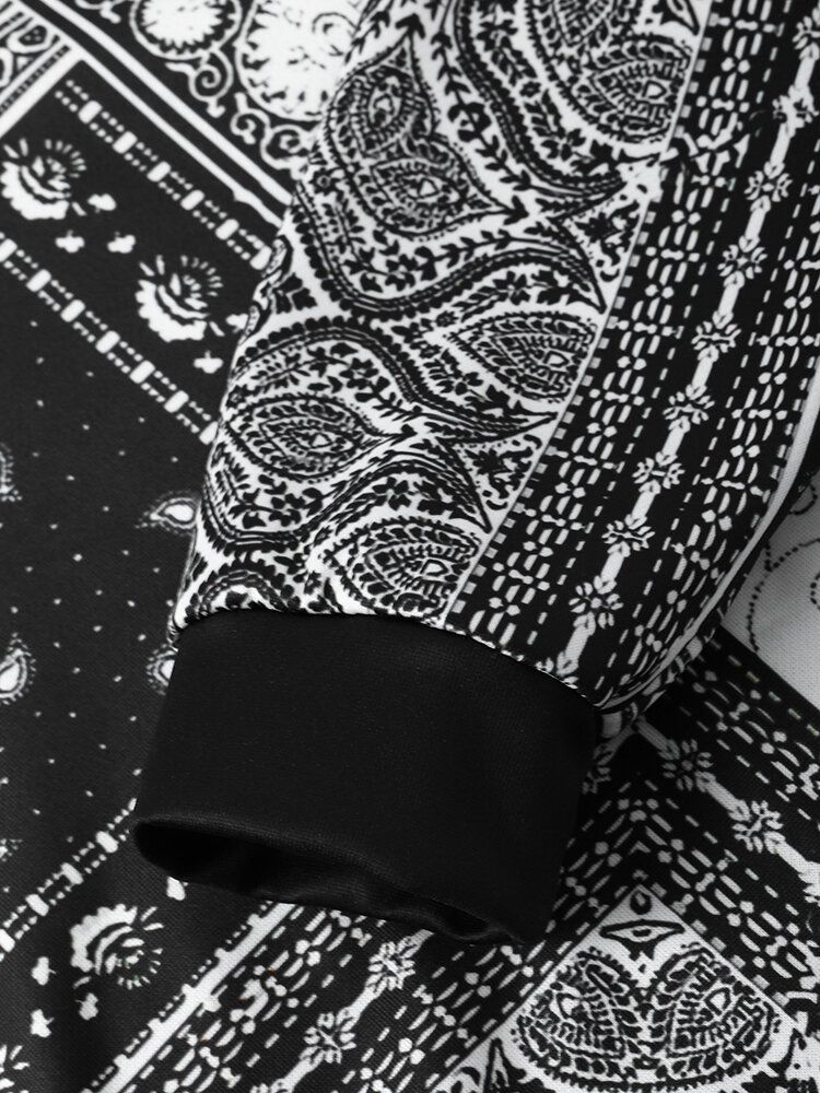 Mężczyźni Retro Paisley Etniczne Kontrastowe Bluzy Ze Sznurkiem Z Przodu Z Kieszenią