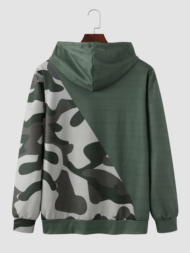 Mężczyźni Spade Camo Print Patchwork Sznurek Kangur Kieszonkowe Bluzy