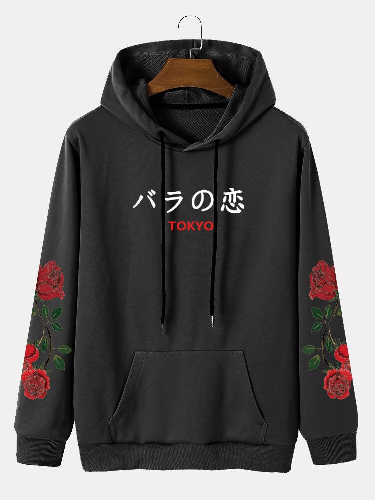 Męska Bluza Z Kapturem W Stylu Casual Rose Japanese Letter Ze Sznurkiem