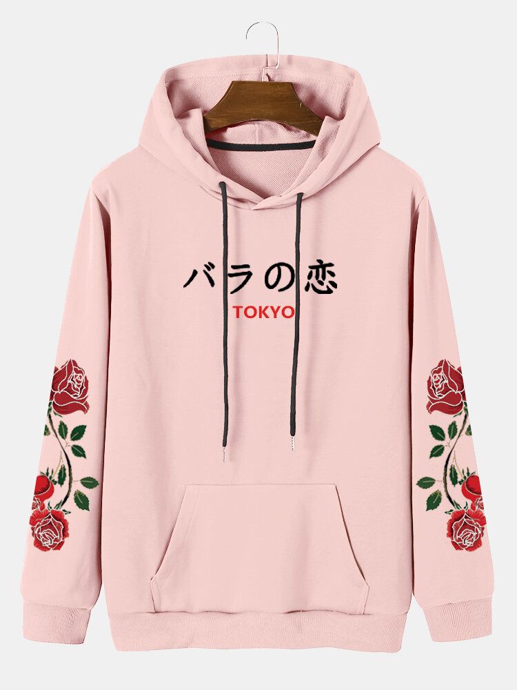 Męska Bluza Z Kapturem W Stylu Casual Rose Japanese Letter Ze Sznurkiem