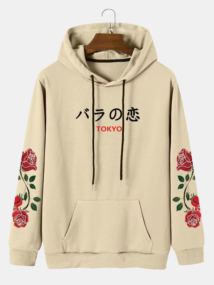 Męska Bluza Z Kapturem W Stylu Casual Rose Japanese Letter Ze Sznurkiem