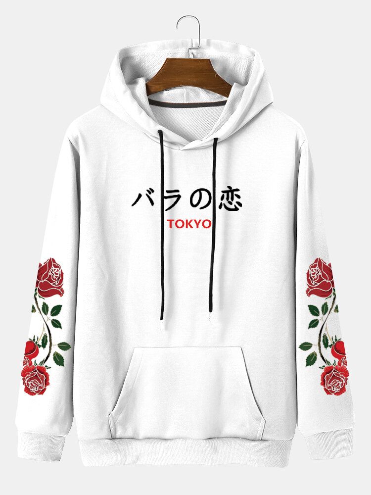 Męska Bluza Z Kapturem W Stylu Casual Rose Japanese Letter Ze Sznurkiem