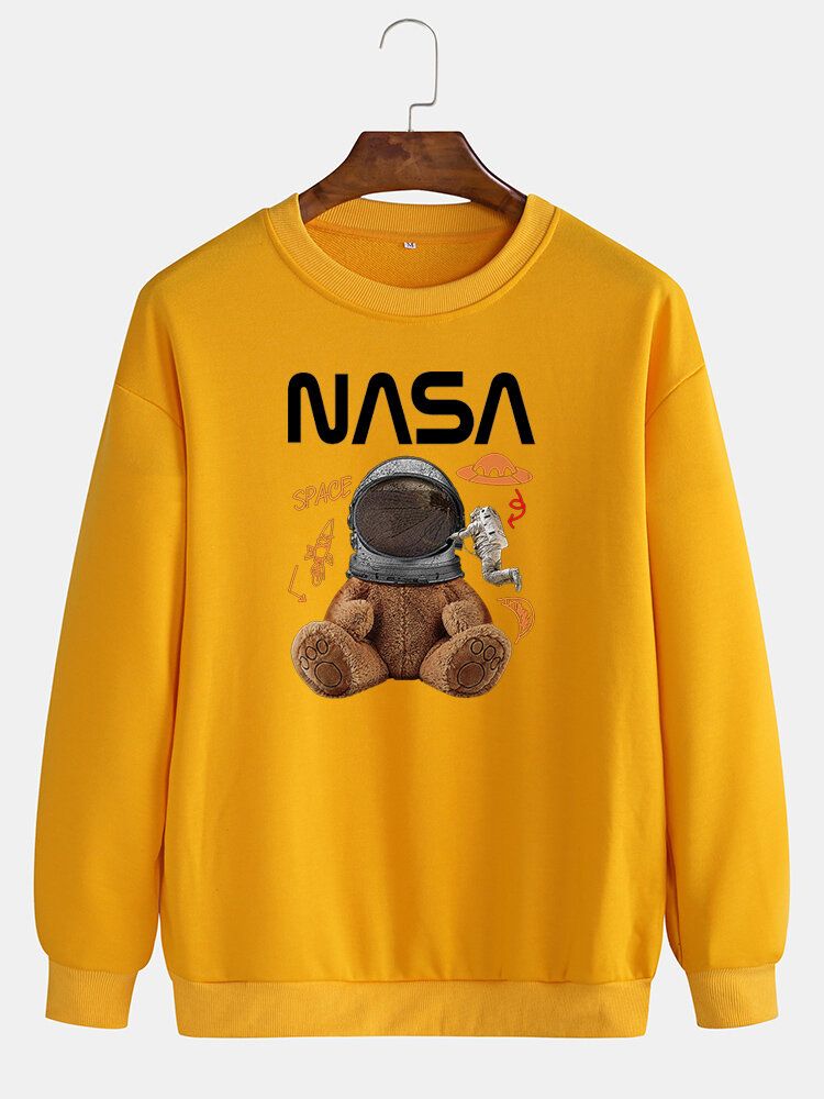 Męska Funny Doll Bear Astronaut Print Pullover Drop Shoulder Bluzy