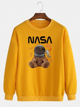 Męska Funny Doll Bear Astronaut Print Pullover Drop Shoulder Bluzy