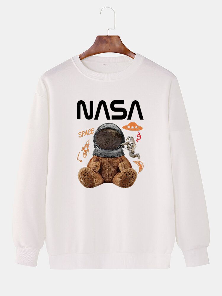 Męska Funny Doll Bear Astronaut Print Pullover Drop Shoulder Bluzy