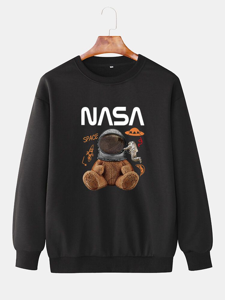 Męska Funny Doll Bear Astronaut Print Pullover Drop Shoulder Bluzy