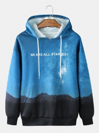 Męska Slogan Night Scenery Print Casual Pullover Sznurek Z Kapturem