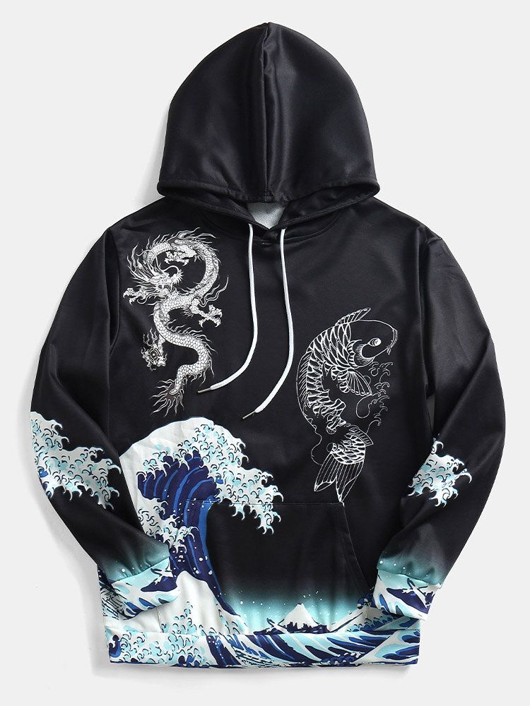 Męska Wiatroszczelna Bluza Z Kapturem Ukiyo-e Element Dragon Wave Pattern Black