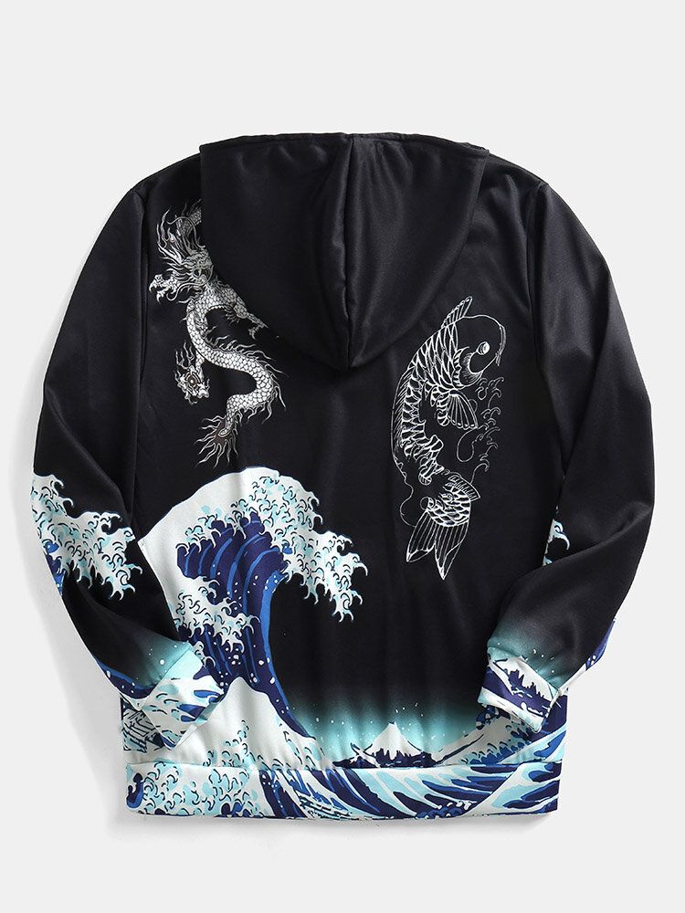 Męska Wiatroszczelna Bluza Z Kapturem Ukiyo-e Element Dragon Wave Pattern Black