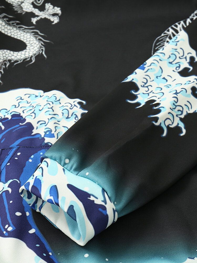 Męska Wiatroszczelna Bluza Z Kapturem Ukiyo-e Element Dragon Wave Pattern Black