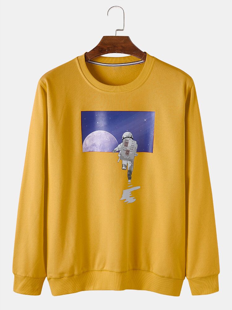 Męski Astronaut Moon Graphic Crew Neck Cotton Casual Swetry Bluzy