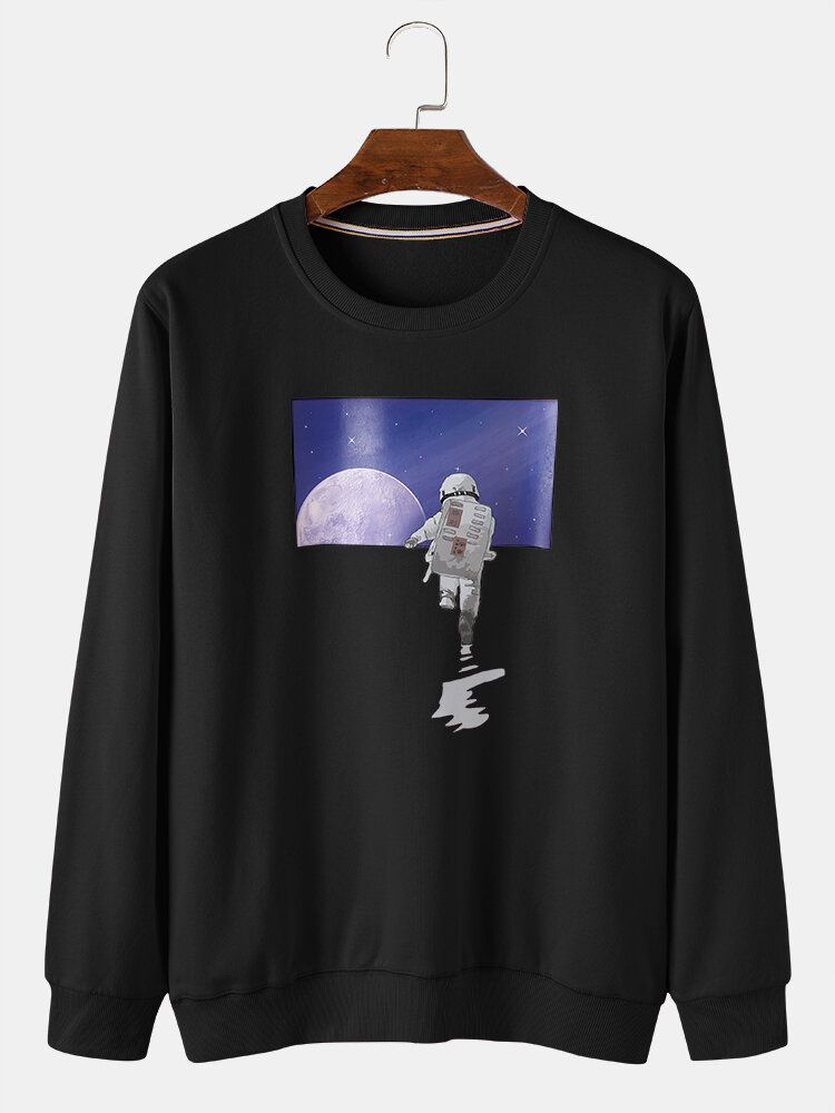 Męski Astronaut Moon Graphic Crew Neck Cotton Casual Swetry Bluzy