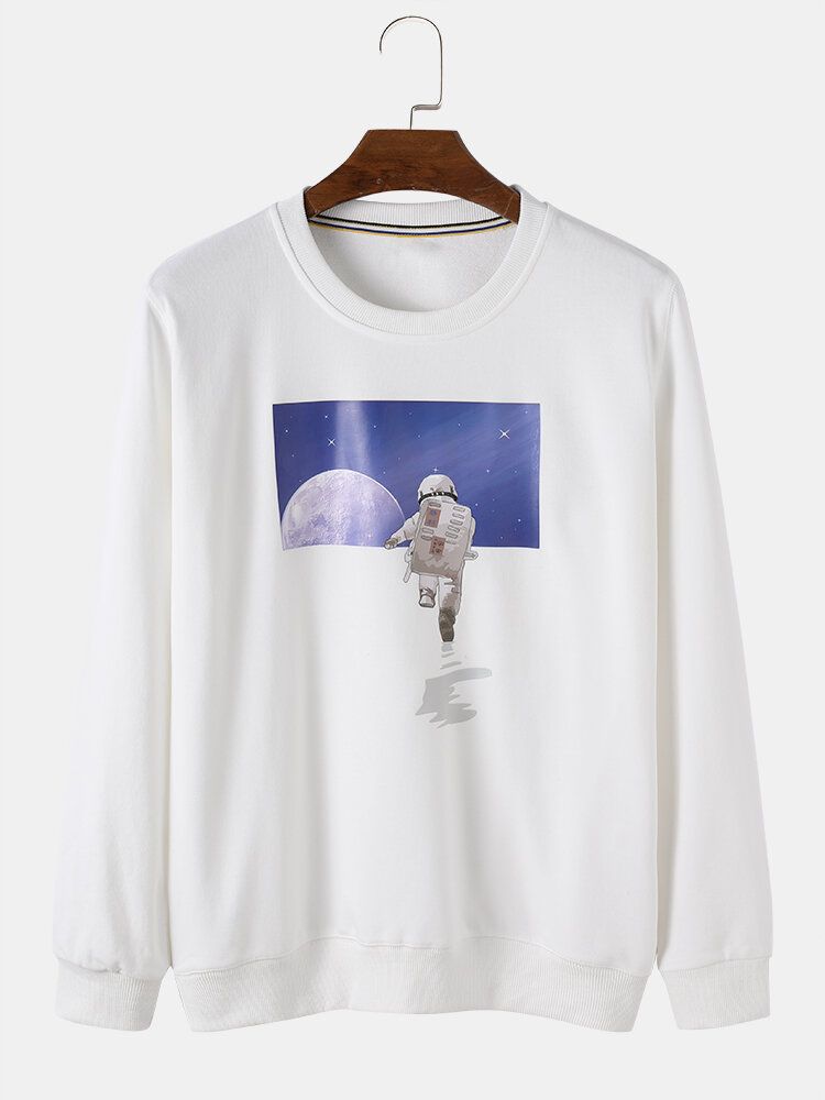 Męski Astronaut Moon Graphic Crew Neck Cotton Casual Swetry Bluzy