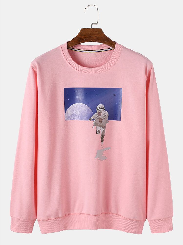 Męski Astronaut Moon Graphic Crew Neck Cotton Casual Swetry Bluzy