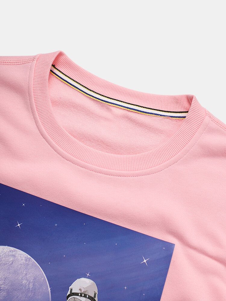 Męski Astronaut Moon Graphic Crew Neck Cotton Casual Swetry Bluzy