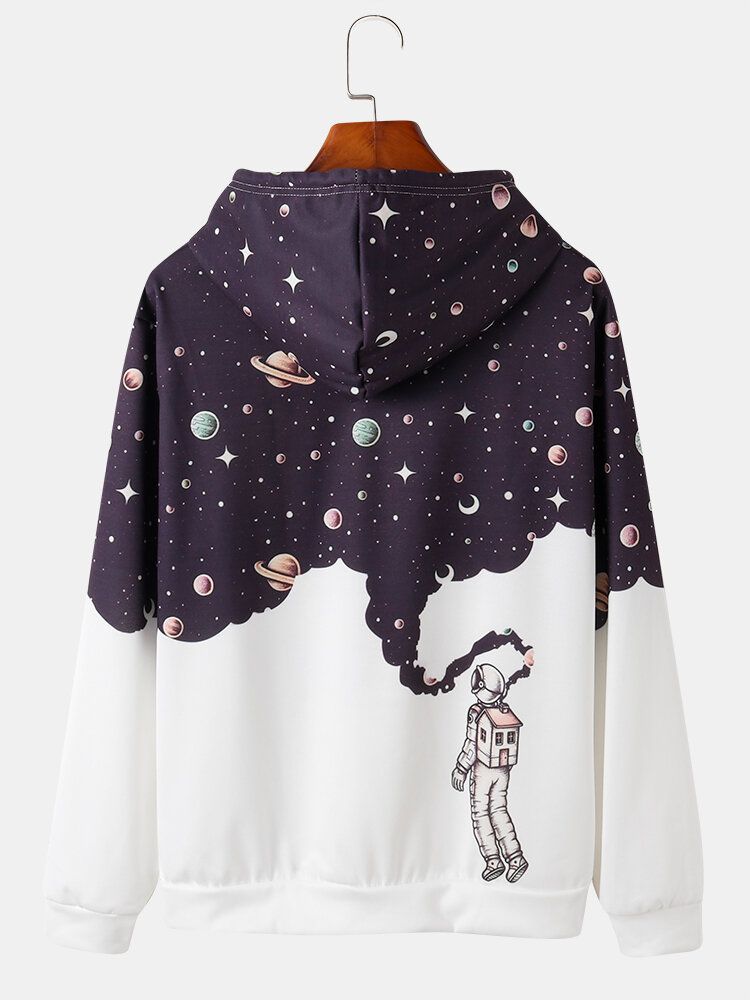 Męski Projekt Astronaut Galaxy Print Bluzy Z Długim Rękawem I Kieszenią