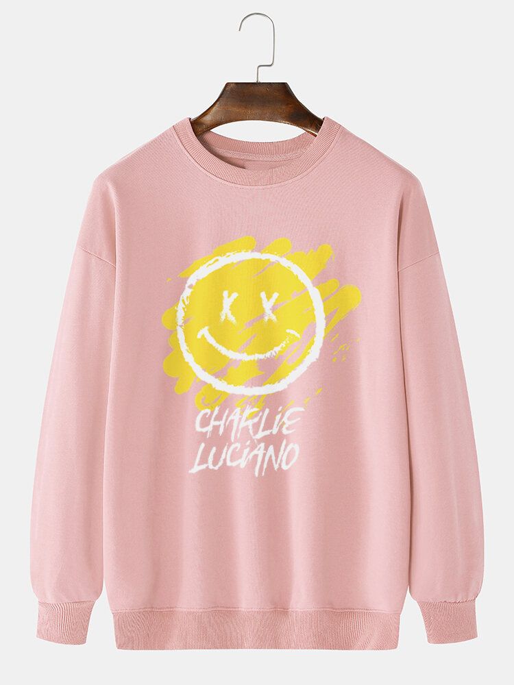 Męski Sweter Z Napisem Graffiti Smile Print Bawełniane Bluzy Z Długim Rękawem