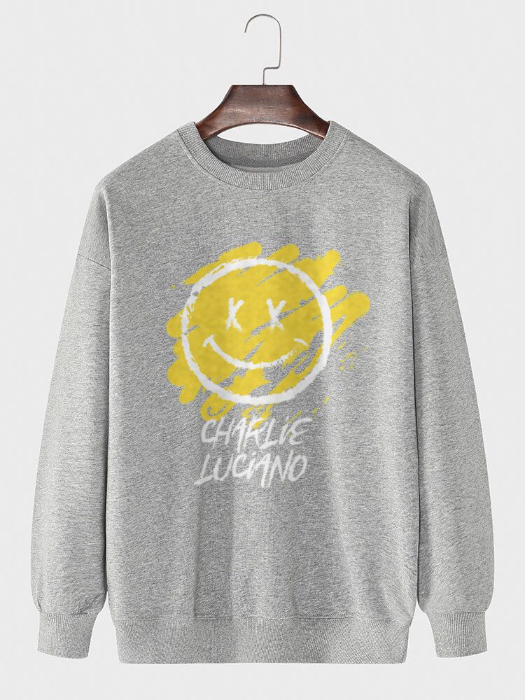 Męski Sweter Z Napisem Graffiti Smile Print Bawełniane Bluzy Z Długim Rękawem