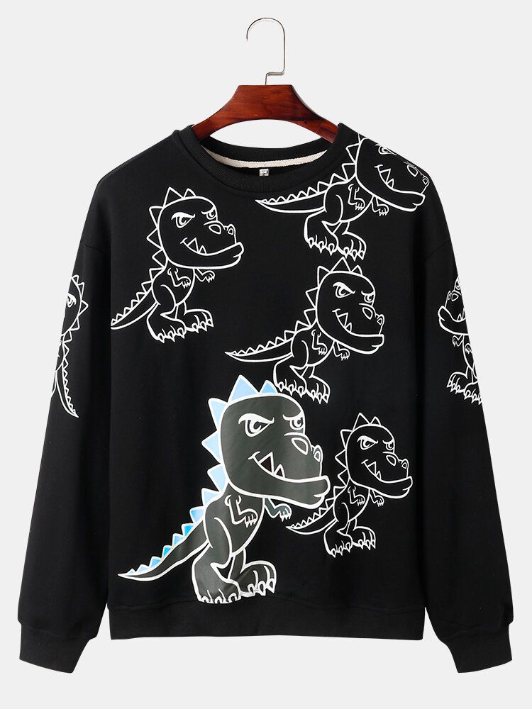 Męskie Graffiti Dinosaur Print Pullover Drop Shoulder Street Bluzy