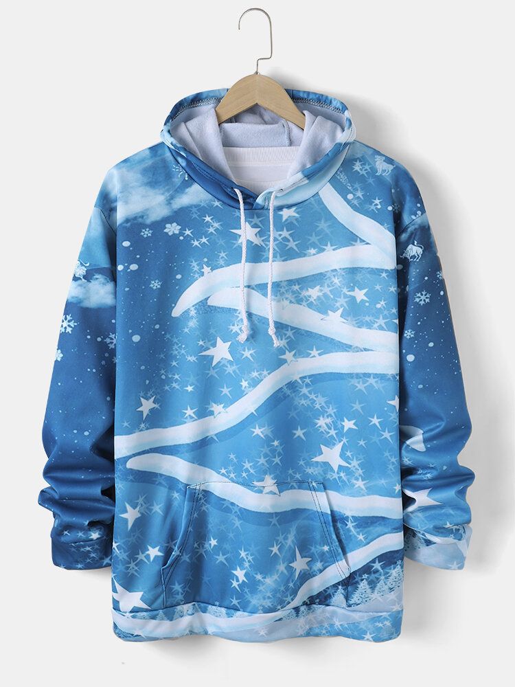 Męskie Świąteczne All Over Stars Snowflake Print Casual Bluzy Ze Sznurkiem