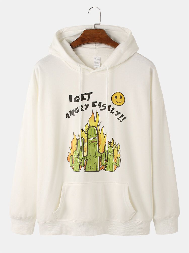 Męskie Slogan Cartoon Cactus Print Bluzy Ze Sznurkiem Z Kieszenią