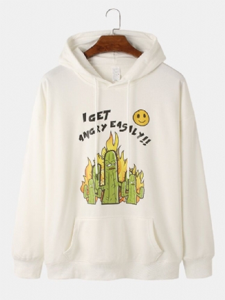 Męskie Slogan Cartoon Cactus Print Bluzy Ze Sznurkiem Z Kieszenią