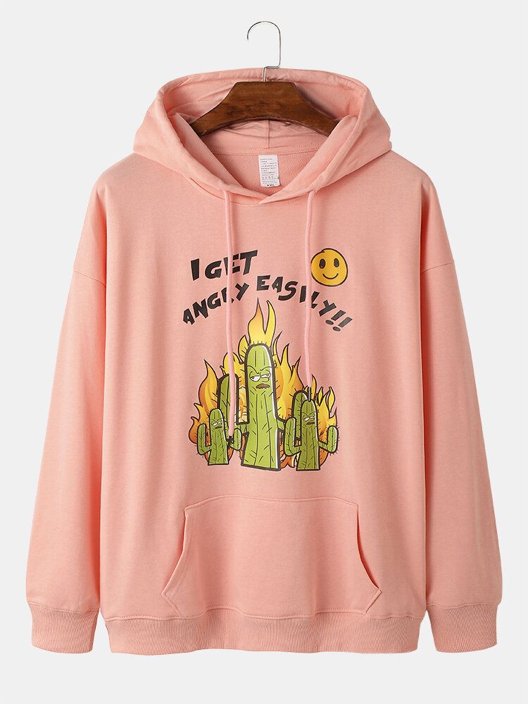 Męskie Slogan Cartoon Cactus Print Bluzy Ze Sznurkiem Z Kieszenią