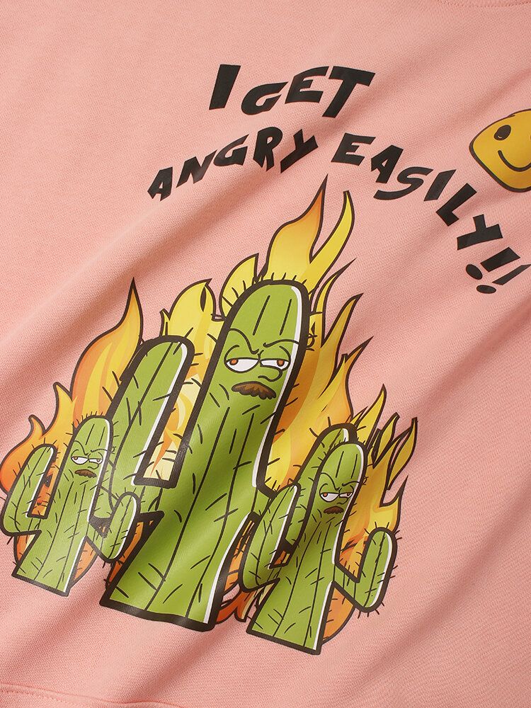 Męskie Slogan Cartoon Cactus Print Bluzy Ze Sznurkiem Z Kieszenią