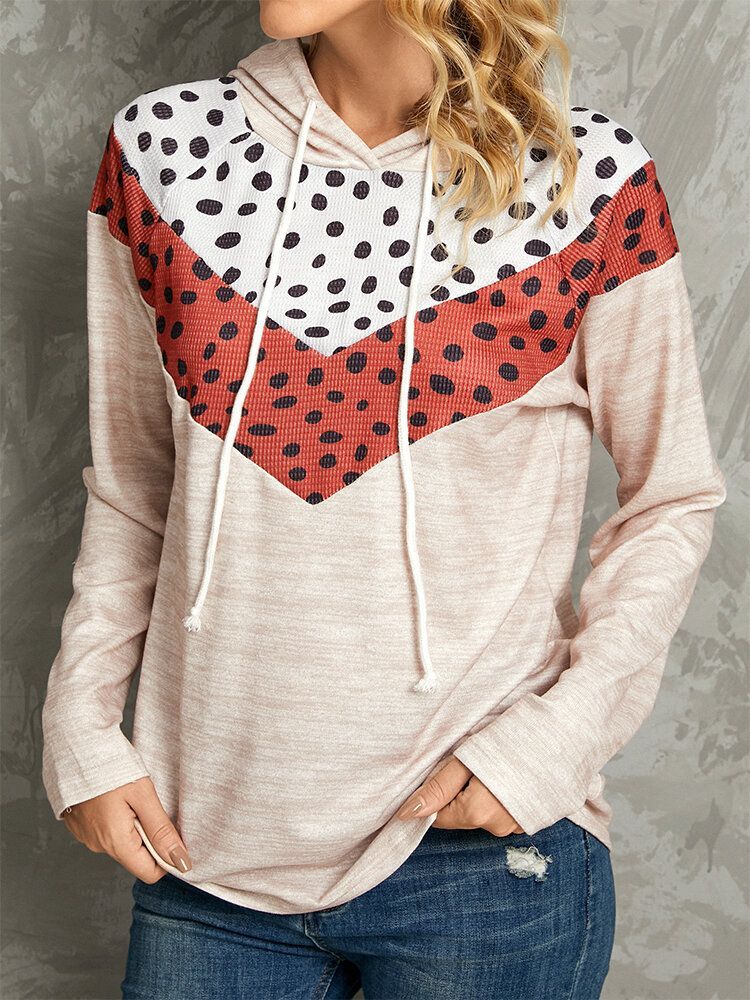 Polkadot Print Patchwork Casual Sznurowane Bluzy Z Długim Rękawem I Okrągłym Dekoltem