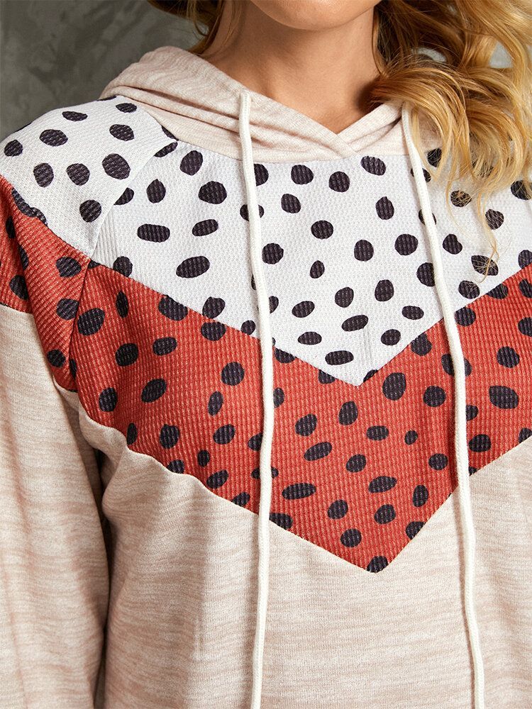 Polkadot Print Patchwork Casual Sznurowane Bluzy Z Długim Rękawem I Okrągłym Dekoltem